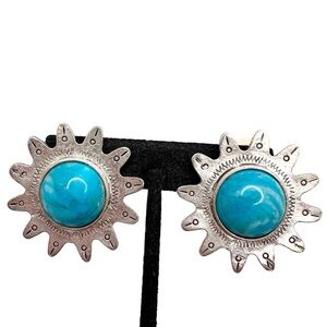 Large Vintage Southwestern Silver and Turquoise Sunburst Clip On Earrings